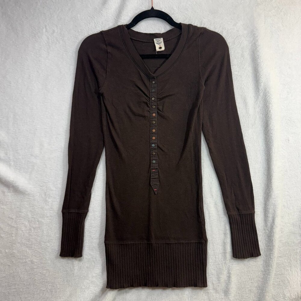 Free‎ People XS/TP Brown Henley Tunic Top Ribbed Trim Grunge Baselayer Boho 90s